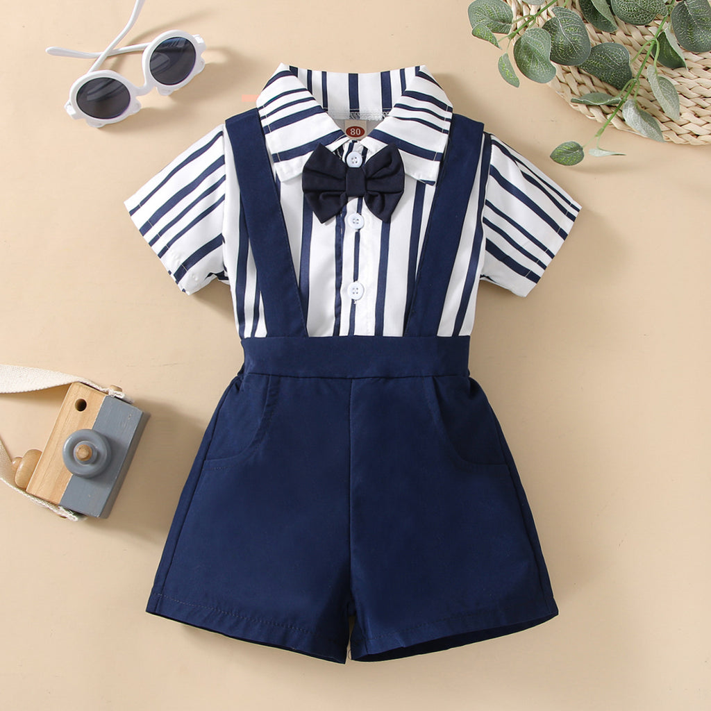 Toddler Boys Vertical Stripe Print Bow Tie Short Sleeve Shirt Solid Color Suspender Pants Set - PrettyKid