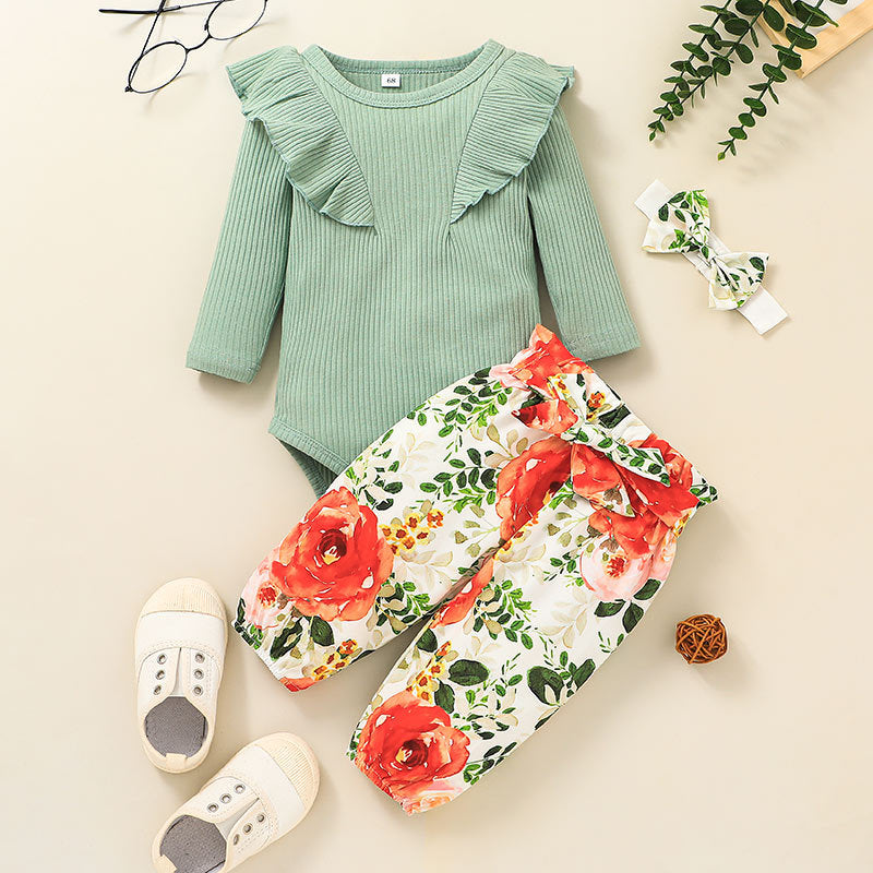 Baby Girls Solid Color Long Sleeve Top Flower Print Set - PrettyKid