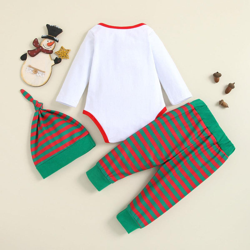 Baby Christmas Clothes Long Sleeved Jumpsuit Striped Trousers Hat Three Piece Set - PrettyKid