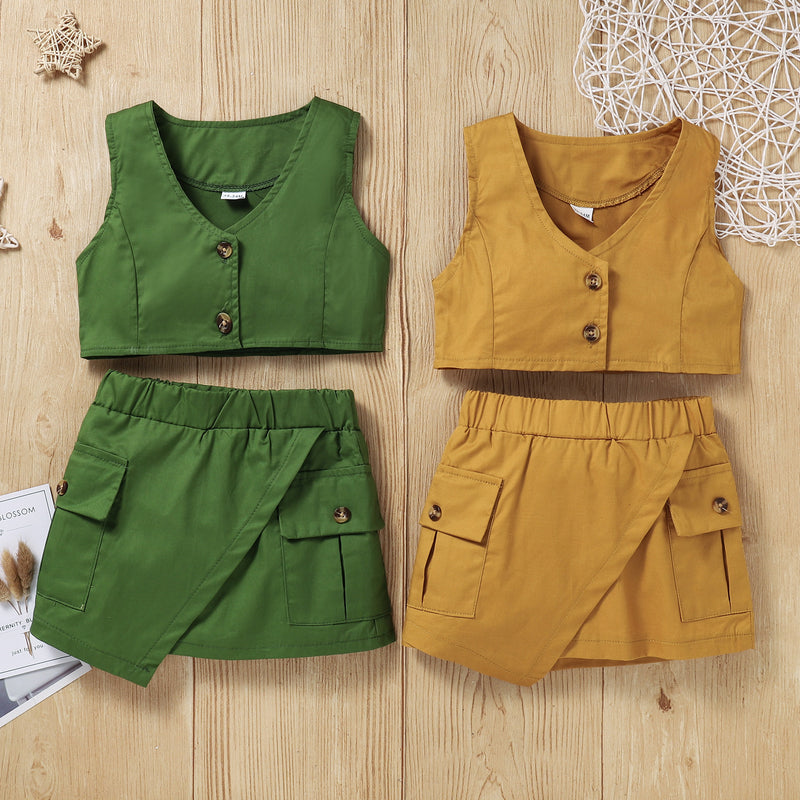 Toddler Kids Girls Summer Single Breasted Solid Color Vest Top A-line Skirt Set - PrettyKid