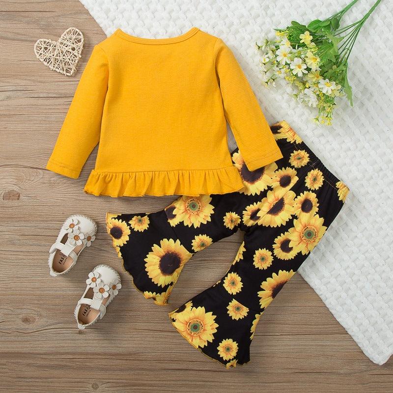 Toddler Girls Solid Color Top Flower Print Pants Set - PrettyKid