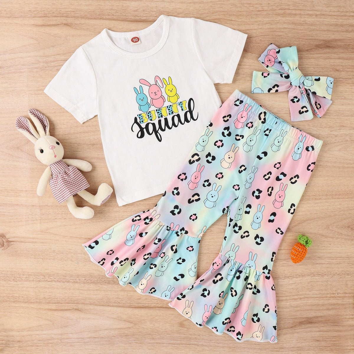 Easter Girls' Letter Printing Short-sleeved Rabbit Flare Trousers Three-piece Set