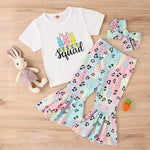 Easter Girls' Letter Printing Short-sleeved Rabbit Flare Trousers Three-piece Set