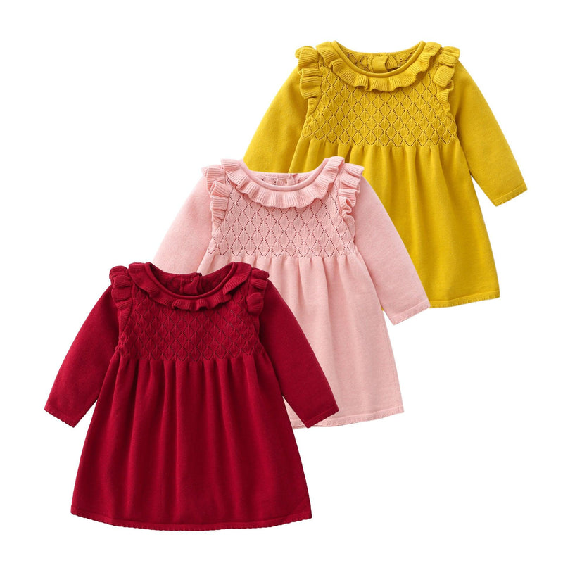 Toddler Girls Solid Color Ruffle Knit Dress - PrettyKid