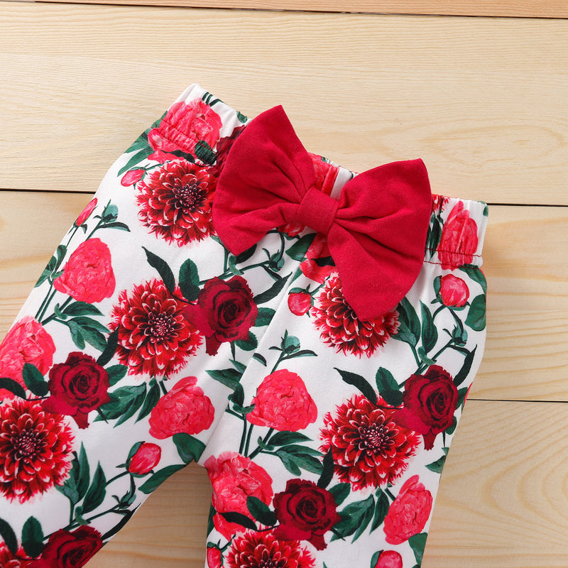 Baby Girls Letter Printed Bow Flower Long Sleeve Jumpsuit Pants Set - PrettyKid