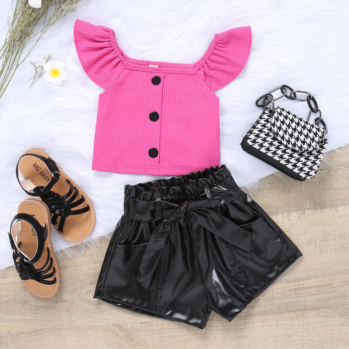 Cotton Knitted Fly Sleeve Top+leather Shorts, Belt, Three-piece Set for Girls