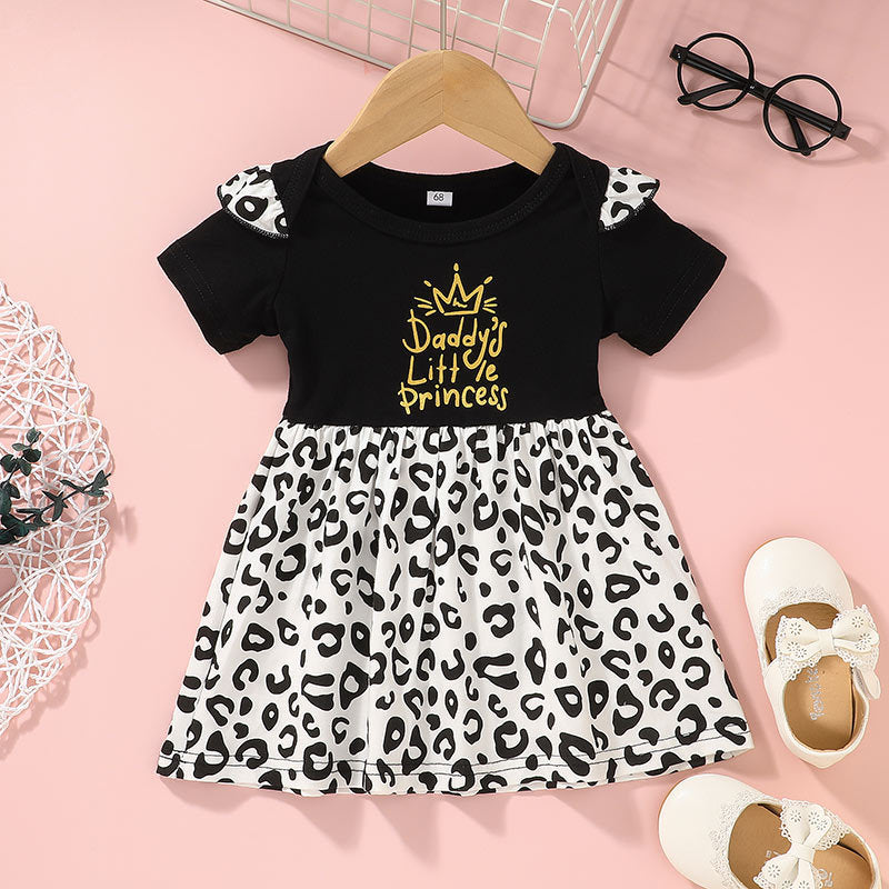 Toddler Girls' Solid Letter Leopard Stitched Short Sleeve Dress - PrettyKid