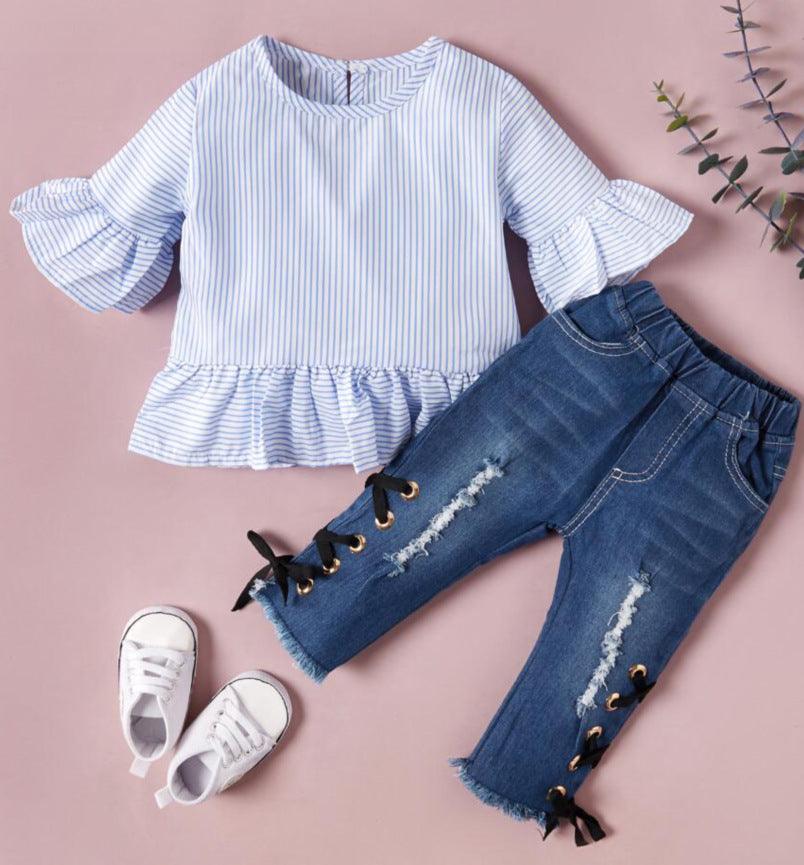 Toddler Kids Girls' Striped Long Sleeved Tops Denim Pants Set - PrettyKid