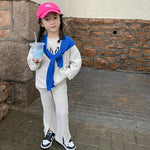 Girls Solid Color Fleece Letter Print Pullover Slit Trousers Autumn and Winter Suit - PrettyKid