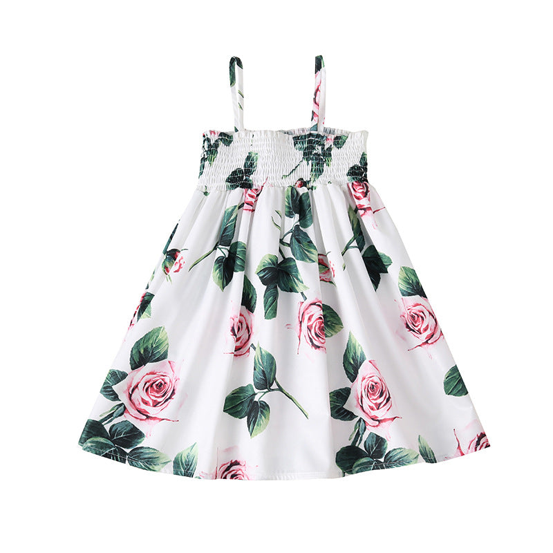 Toddler Kids Girls Solid Rose Print Sleeveless Suspender Dress - PrettyKid