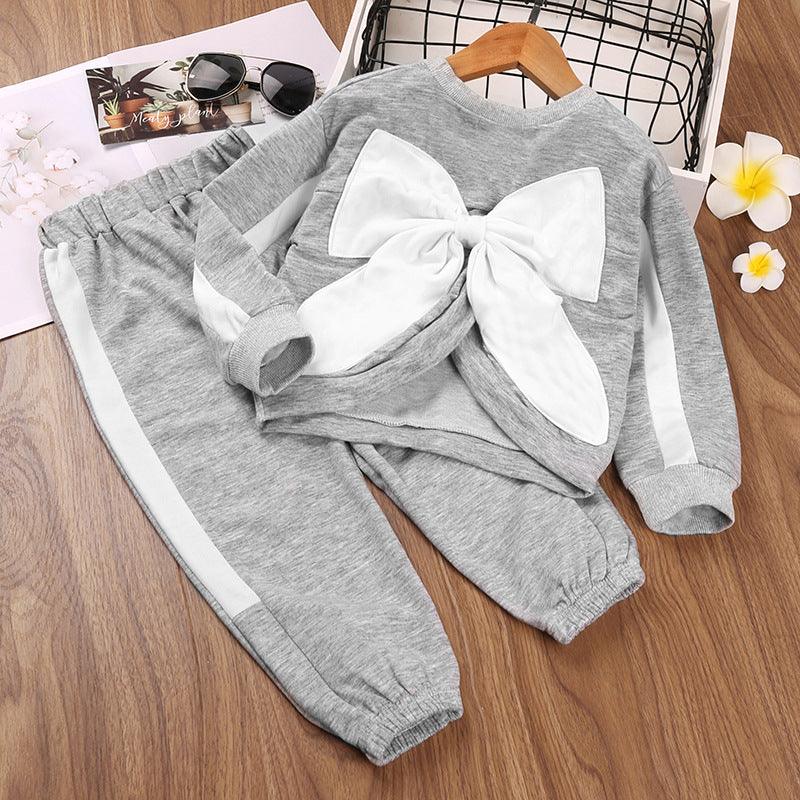 Toddler Kids Girl Solid Color Stitched Large Bow Long Sleeve Sweater Set - PrettyKid