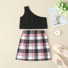 Toddler Kids Girls' Diagonal Shoulder Sleeveless Top Plaid Skirt Set - PrettyKid