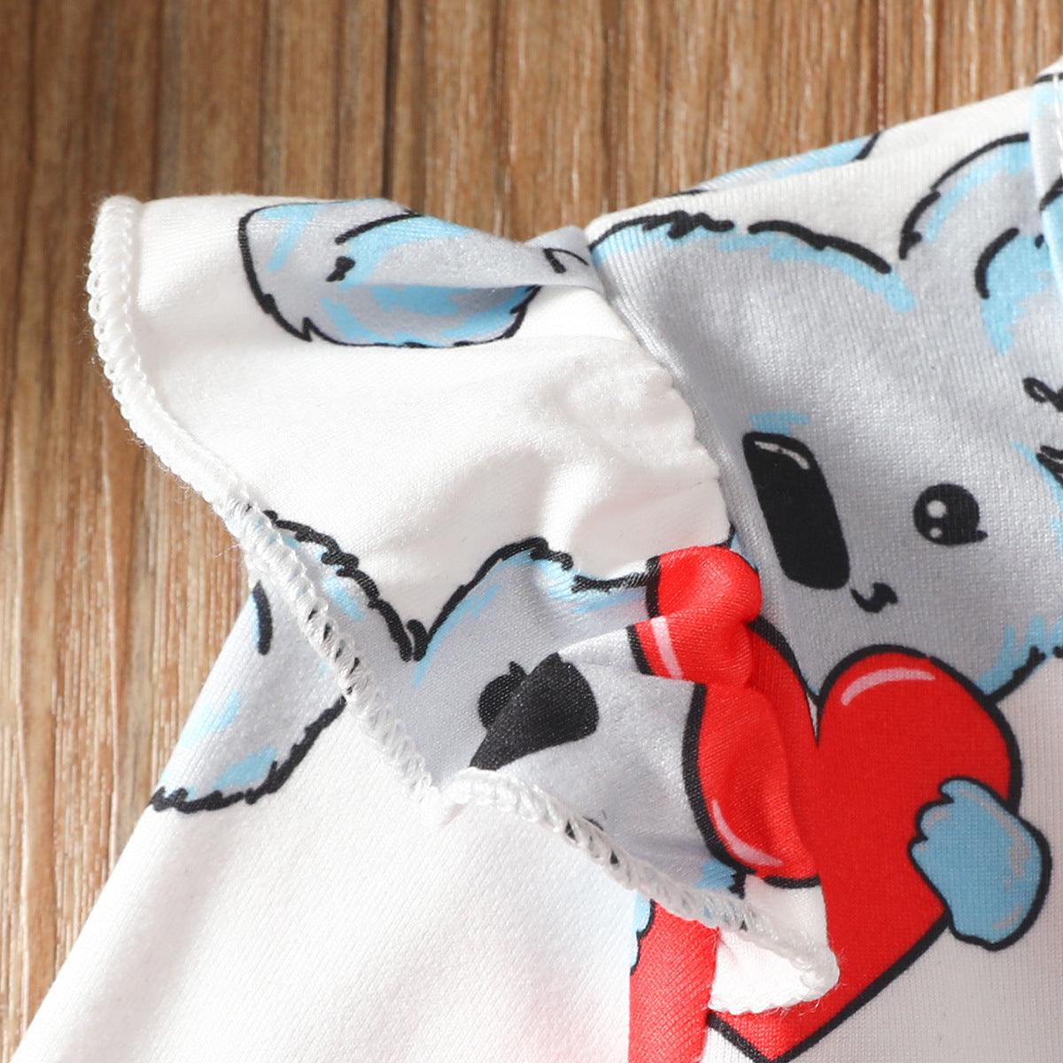 Toddler Boys Girls Cartoon Koala Love Printed Top Denim Strap Bow Pants Set - PrettyKid