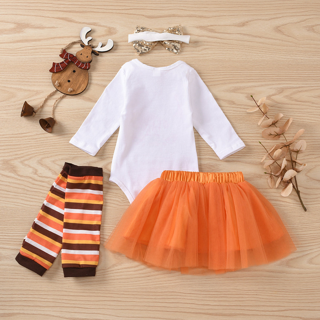 Baby Girls Turkey Thanksgiving Long Sleeve Jumpsuit Gauze Skirt Foot Cover Hair Band Set Wholesale Baby Clothes Vendors - PrettyKid