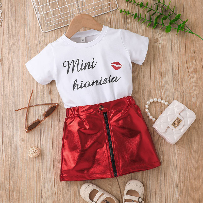 Toddler Kids Girls Solid Colour Letter Print Short Sleeve T-shirt Top Red Skirt Set - PrettyKid