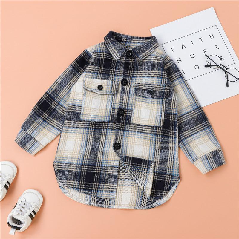 Toddler Kids Plaid Print Thickened Long Sleeved Tweed Shirt - PrettyKid