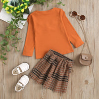 Children Girls Long Sleeve Round Neck Lace Knit Top Plaid Half Skirt Set - PrettyKid