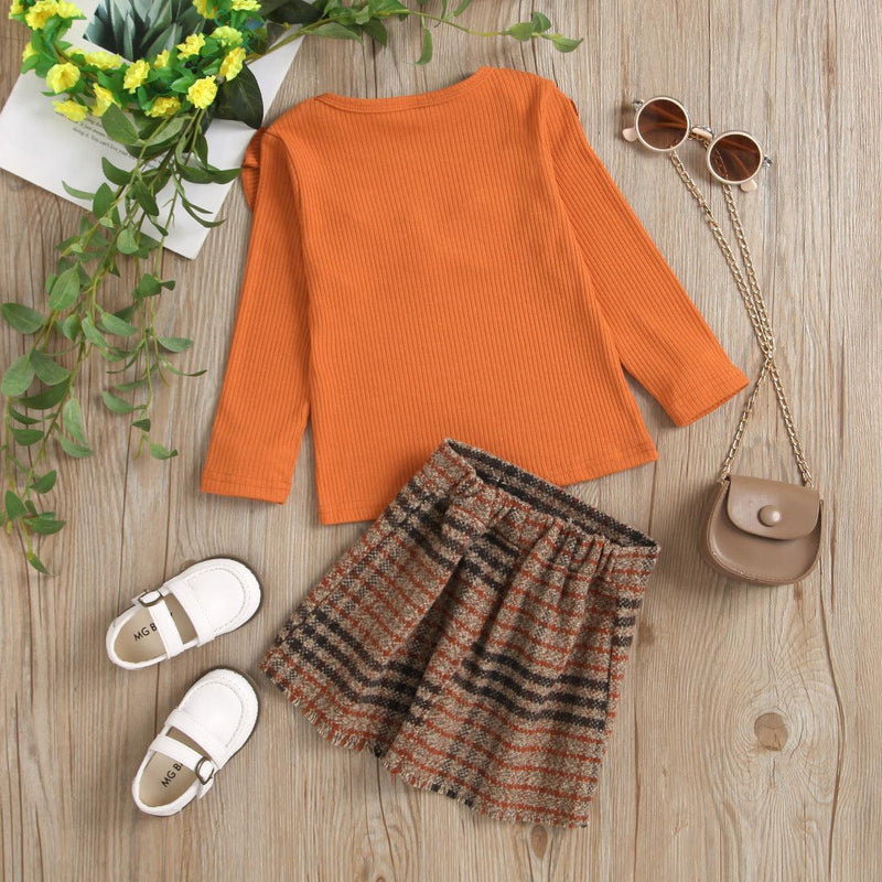 Children Girls Long Sleeve Round Neck Lace Knit Top Plaid Half Skirt Set - PrettyKid