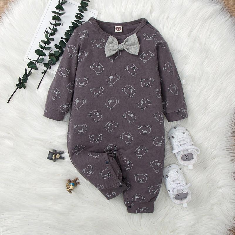 Baby Boys Grey Bow Neckline Long Sleeve Jumpsuit - PrettyKid