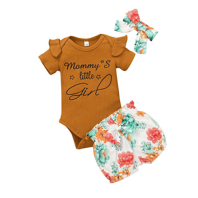 Baby Girl Solid Letter Short Sleeve Top Floral Print Shorts Set - PrettyKid