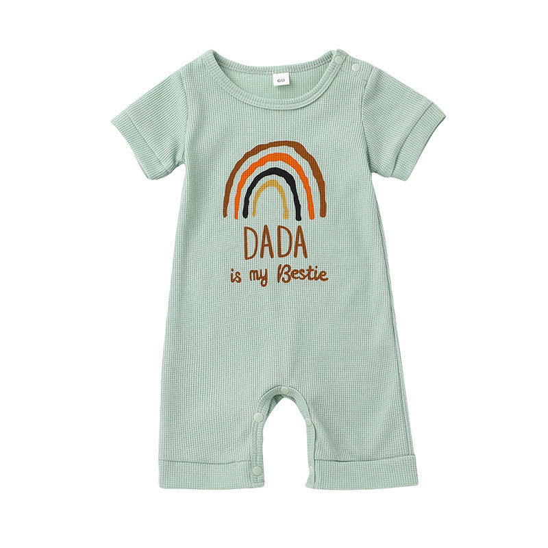 Baby Solid Letter MAMA DADA Rainbow Print Short Sleeve Jumpsuit - PrettyKid