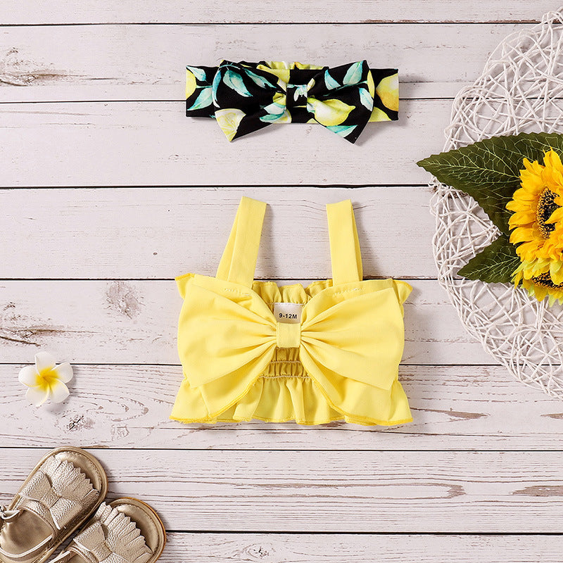 Toddler Kids Girls Yellow Sleeveless Suspender Top Lemon Print Skirt Set - PrettyKid