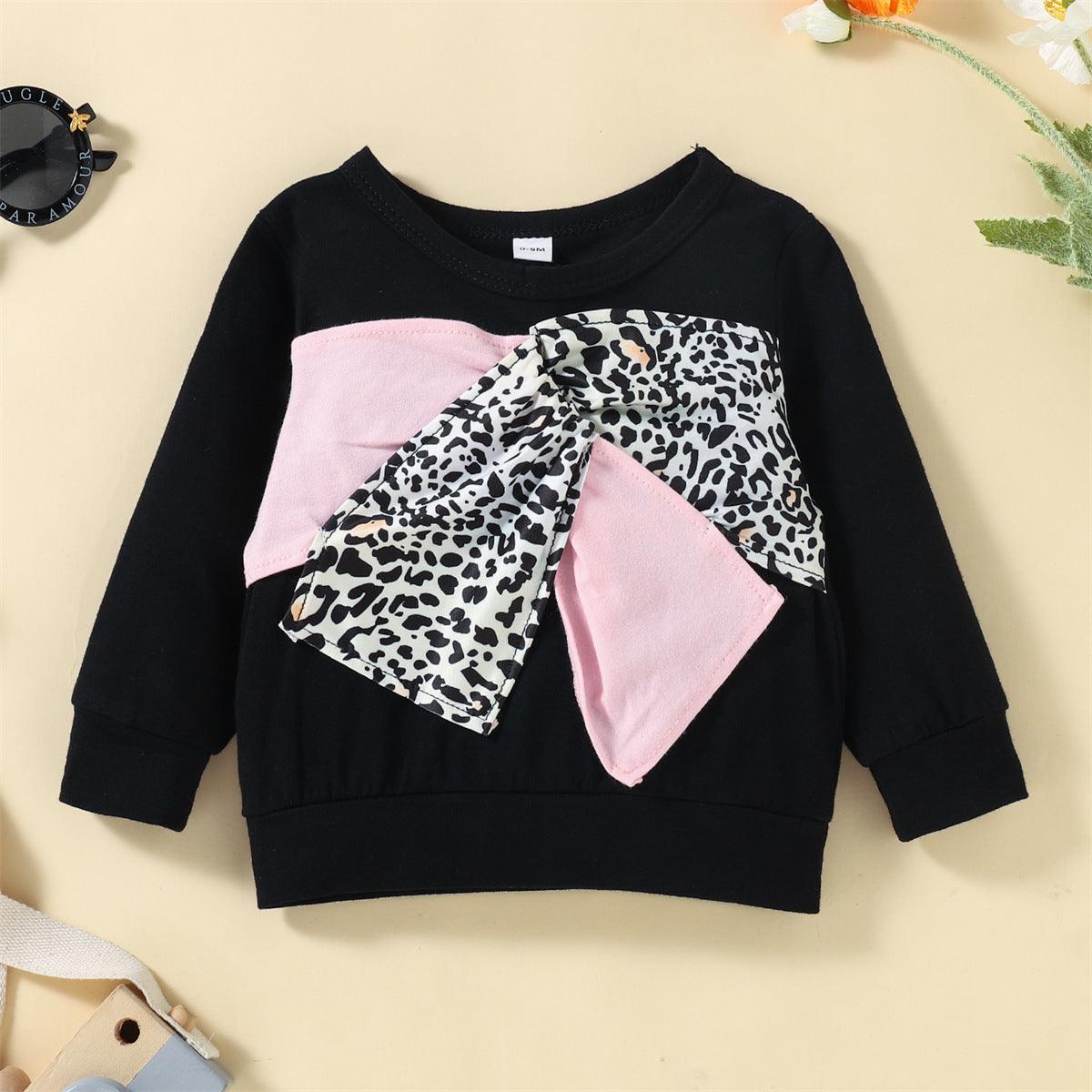 Toddler Kids Girls' Cotton Splicing Bow Long Sleeve Set - PrettyKid