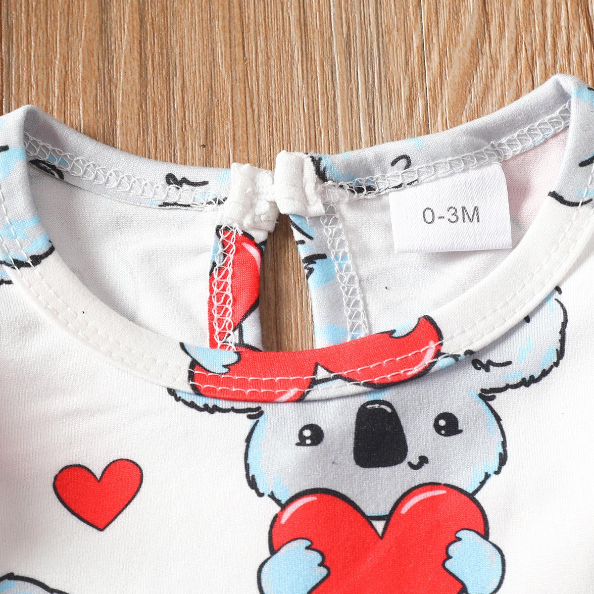 Toddler Boys Girls Cartoon Koala Love Printed Top Denim Strap Bow Pants Set - PrettyKid