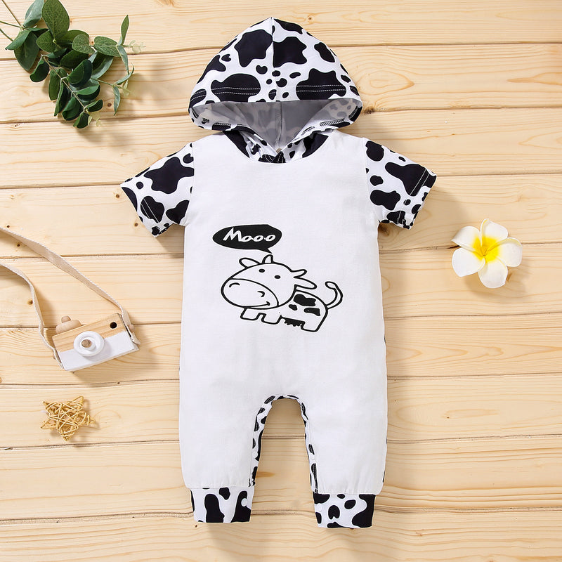 Baby Boys Girls Cartoon Cow Print Hooded Short Sleeve Jumpsuit - PrettyKid