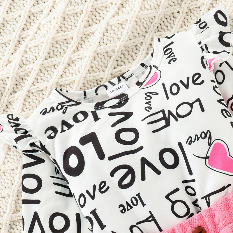 Toddler Kids Girl Long Sleeve Letter Printed Love Hip Wrap Skirt Valentine's Day Suit - PrettyKid