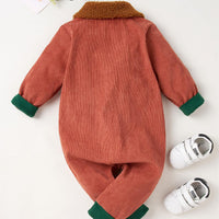 Baby Boys Velvet Collar Brown Long Sleeved Jumpsuit - PrettyKid