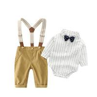 Toddler Boys Striped Long Sleeved Shirt Strap Pants Set - PrettyKid