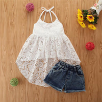 Trendy fashion sling lace irregular tuxedo top and denim shorts Vendors - PrettyKid