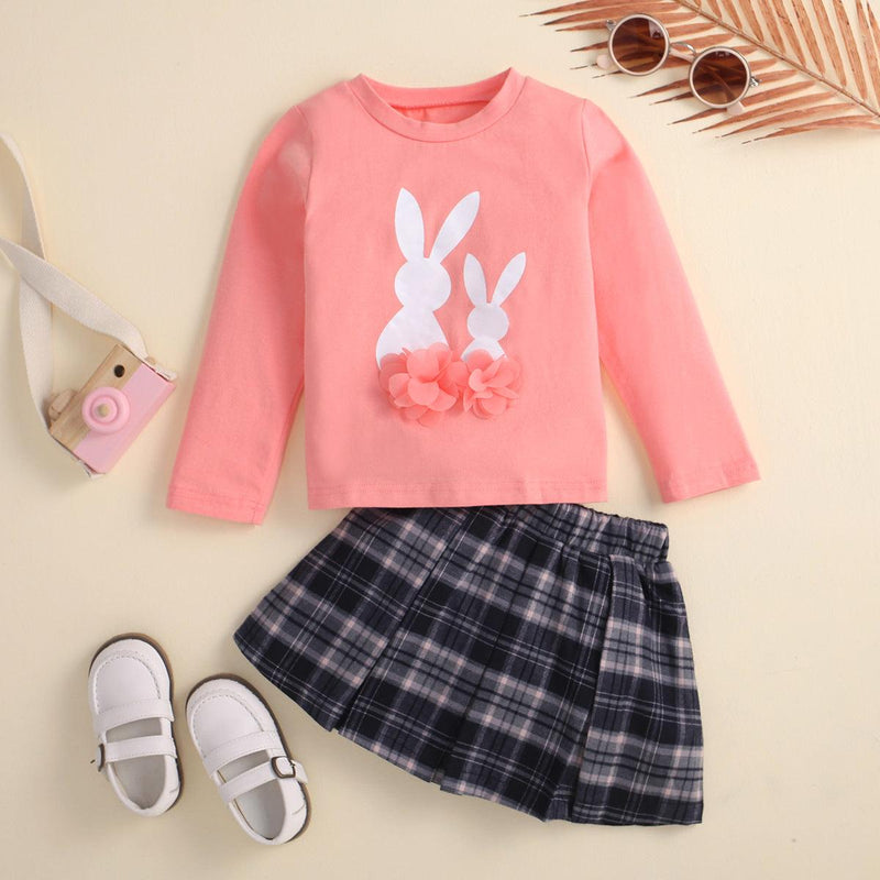 Pink Long Sleeve Cartoon Printed Flower Top Plaid Pleated Skirt Set - PrettyKid