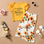 Toddler Kids Girls Solid Color Short-sleeved Letter T-shirt Floral Print Flared Pants Set - PrettyKid