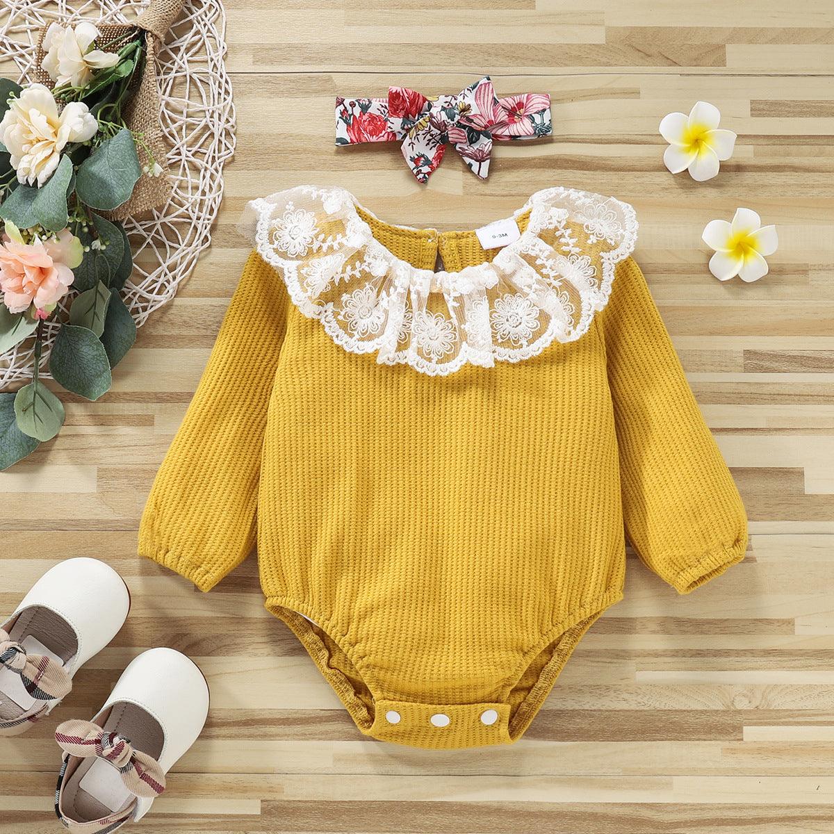 Baby Girls Lace Collar Long Sleeve Jumpsuit Flower Strap Skirt - PrettyKid