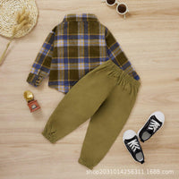 Toddler Boys Flannelette Thickened Green Plaid Shirt Solid Trousers Set - PrettyKid