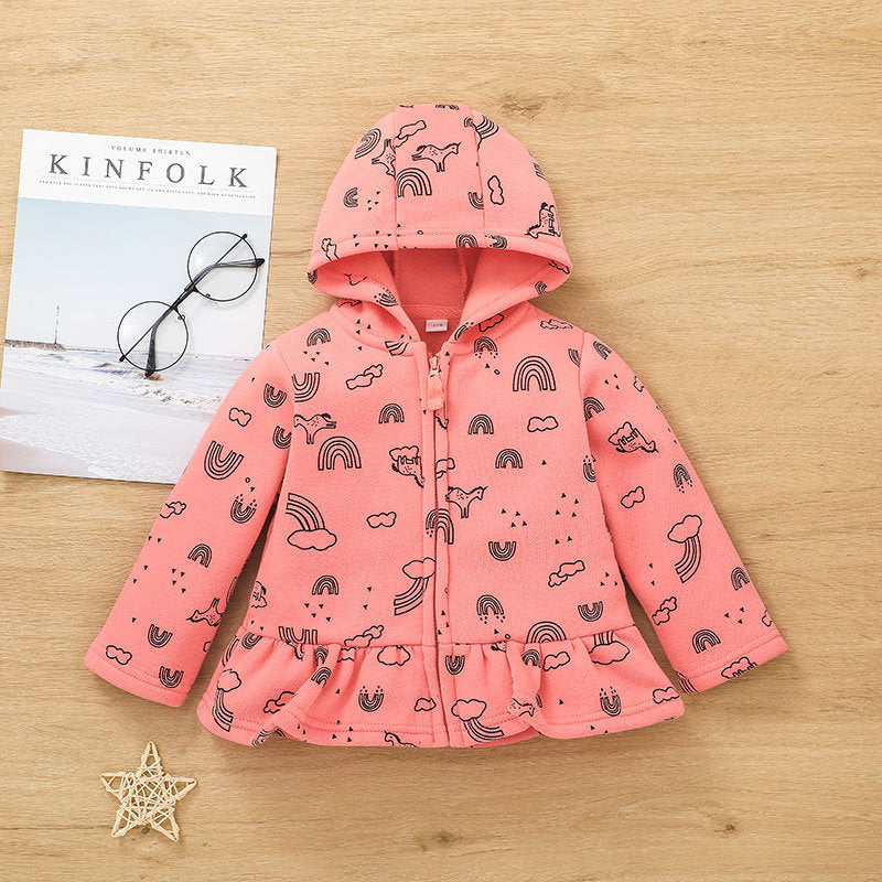 3PCS Toddler Girl Solid Color Printing T-shirt Hooded Jacket Pants Three Pieces - PrettyKid