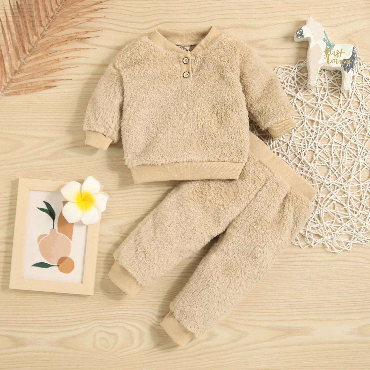 Toddler Kids Winter Solid Color Double-sided Cashmere Long Sleeve Suit - PrettyKid