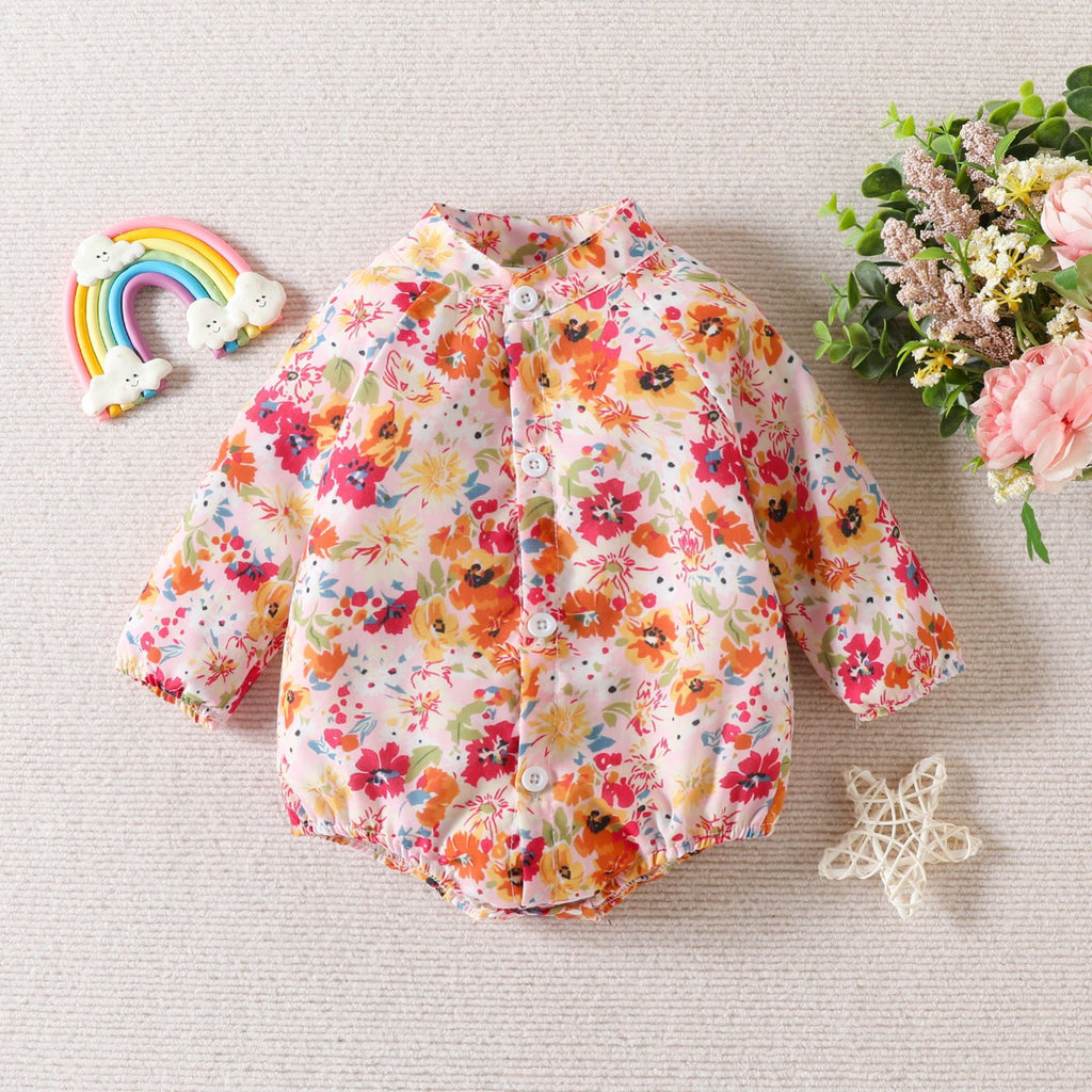 Baby Girls Floral Print Long-sleeved Shirt Jumpsuit Crawl Suit - PrettyKid