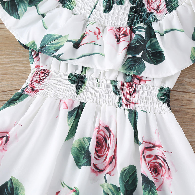 Toddler Kids Girls Solid Flower Print Ruffle Short Sleeve Waist Dress - PrettyKid