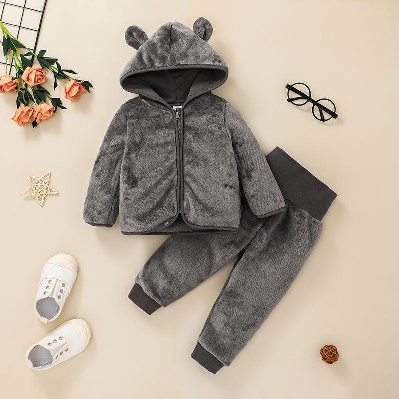 Toddler Boys Girls Solid Cartoon Fluffy Hooded Zipper Set - PrettyKid