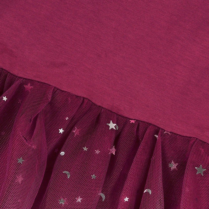 Girls Solid Star Sky Mesh Stitched Gradient Fluffy Dress - PrettyKid