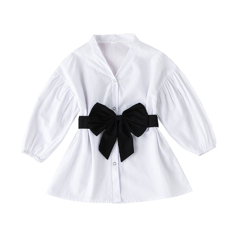 Toddler Girls Solid Color Long Sleeved Bow Belt Shirt Dress - PrettyKid