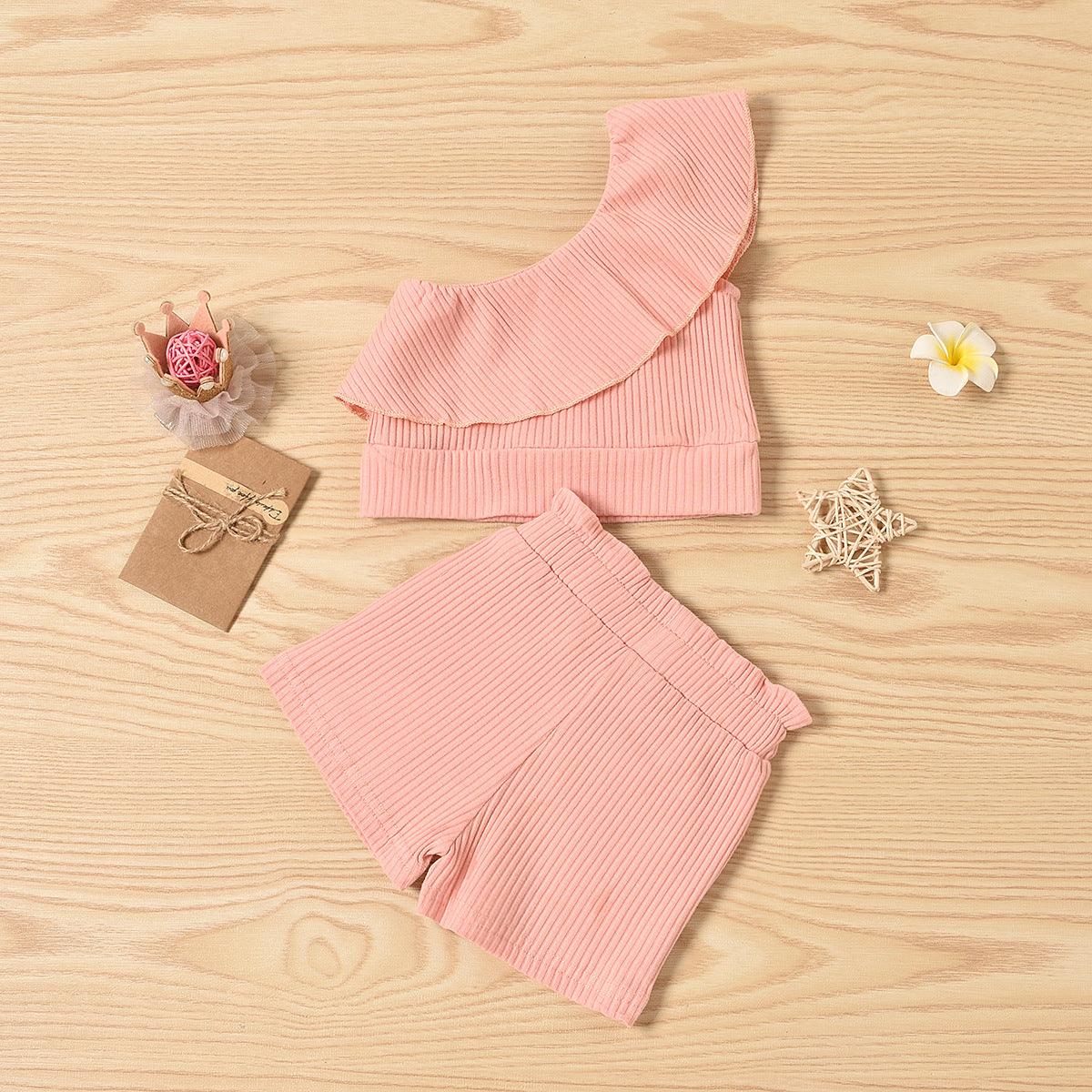 Toddler Kids Girls' Solid Color Single Shoulder Knitted Shorts Set - PrettyKid