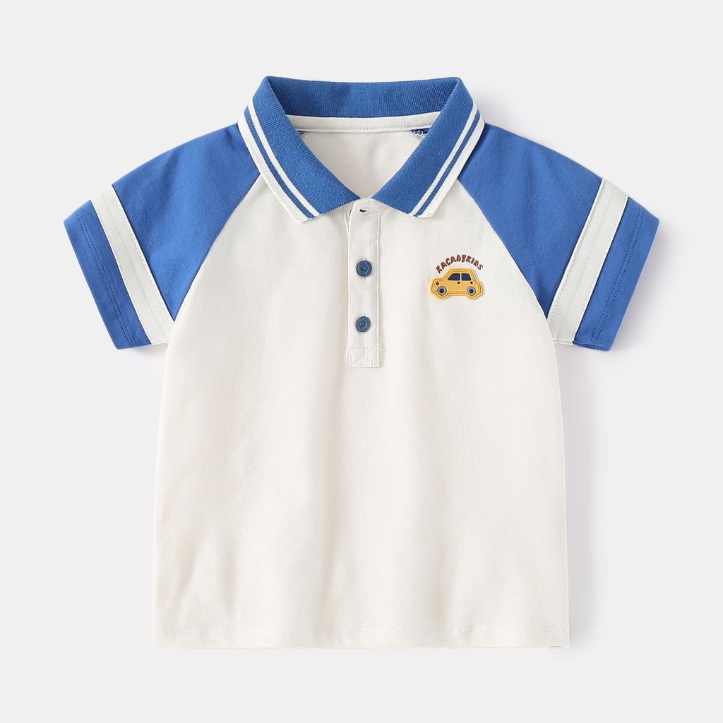 Toddler Kids Boys Cartoon Car Embroidery Contrast Color Short Sleeve Polo Collar T-Shirt Top - PrettyKid