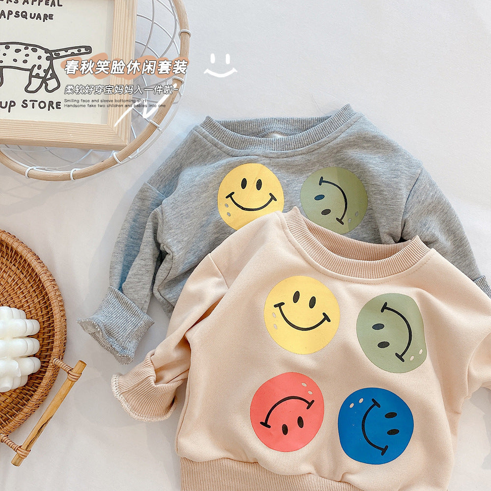Baby Smiley Sweater Spring and Autumn Male Baby Cartoon Casual Tops Girls Striped Bottoming Pants - PrettyKid
