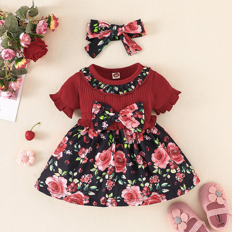 Short Sleeve One-piece Dress Baby and Child Flower Print Skirt+two Piece Scarf Patchwork Skirt - PrettyKid