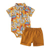 Baby Boys Plant Printed Short Sleeved Lapel Bodysuit Solid Shorts Set - PrettyKid