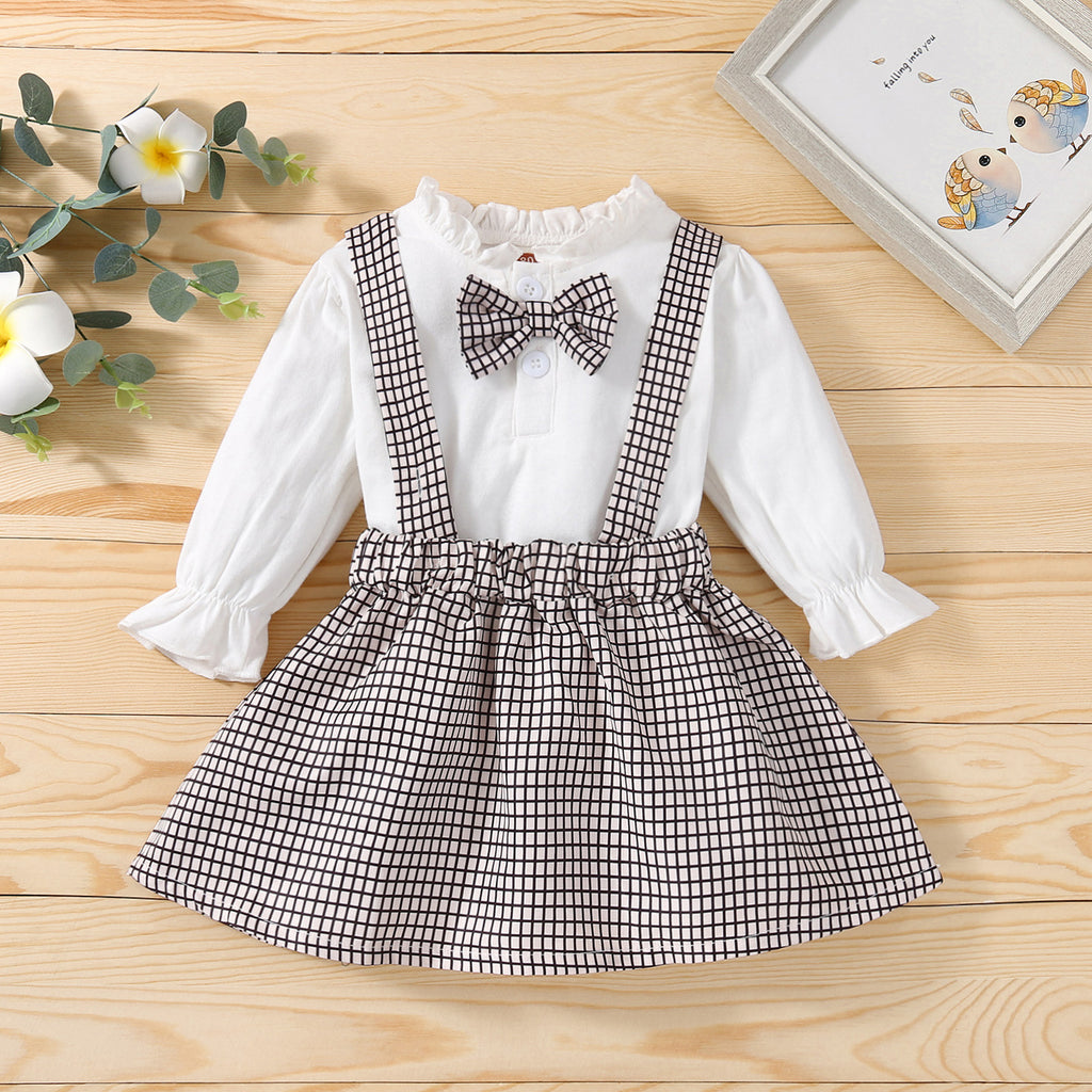 Toddler Girl Solid Color Long Sleeved Bow Shirt Plaid Print Suspender Skirt Set - PrettyKid